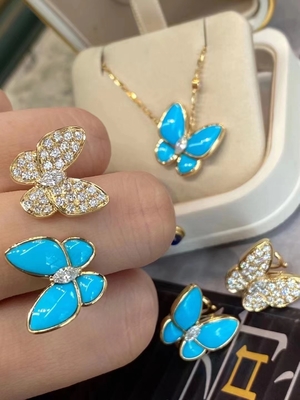 VCA Two Butterfly Earrings 18k Yellow Gold With Turquoise Diamonds