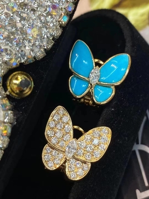 VCA Two Butterfly Earrings 18k Yellow Gold With Turquoise Diamonds