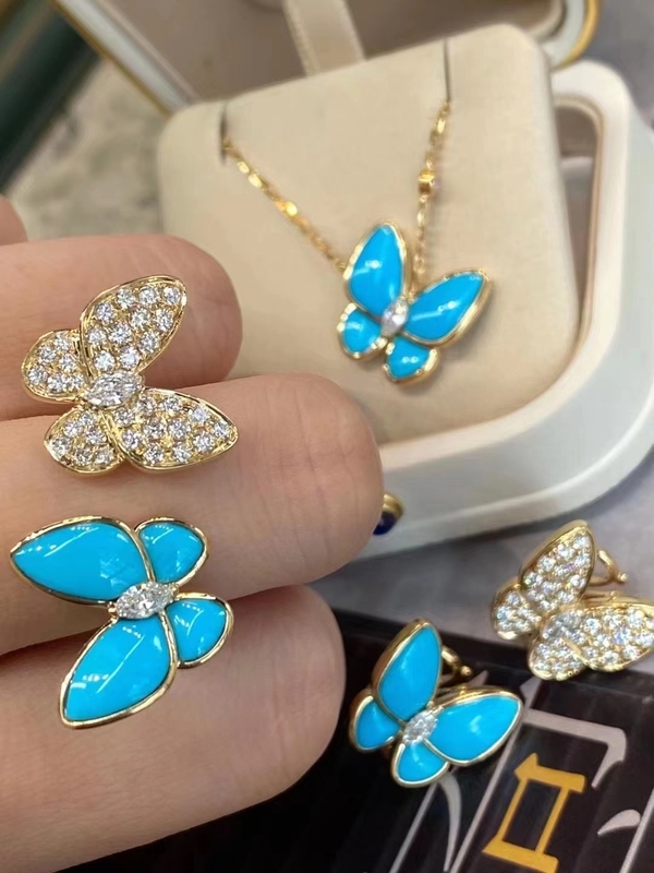VCA Two Butterfly Earrings 18k Yellow Gold With Turquoise Diamonds