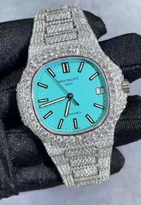 VVS Dondurulmuş Moissanite Saati Otomatik Tiffany Dial Tamamen Dondurulmuş Saati