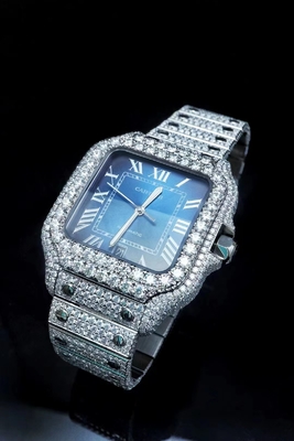 OEM Mavi Düğme Dondurulmuş Moissanite Saat Brand Bussdown Saat